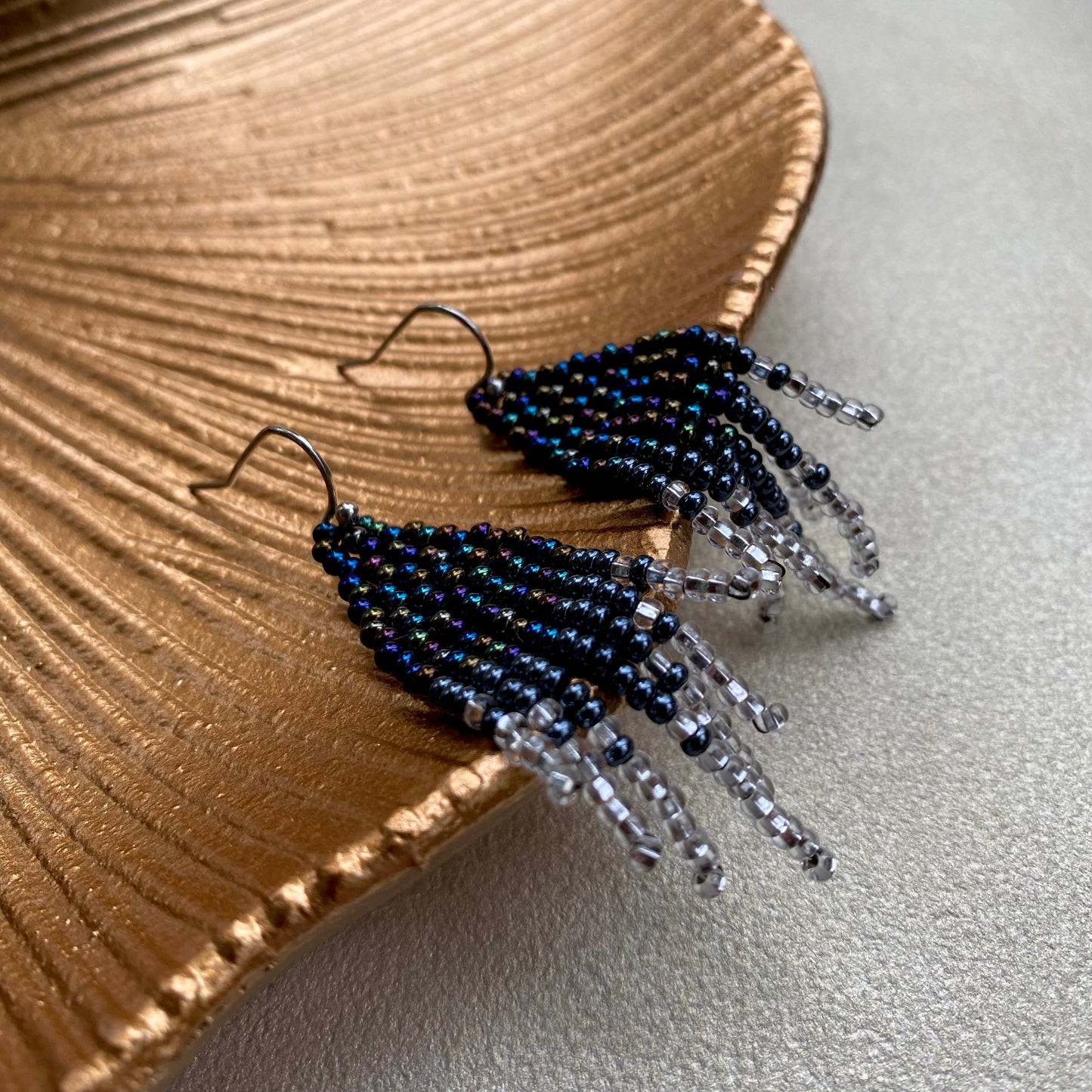 Black silver Seed Bead Earrings for women. Short Chandelier Earrings, Dainty Unique earrings with fringe. Cute ombre earrings. Earrings Navy Blue Silver beaded.
