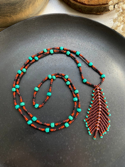 Handmade seed bead feather pendant necklace