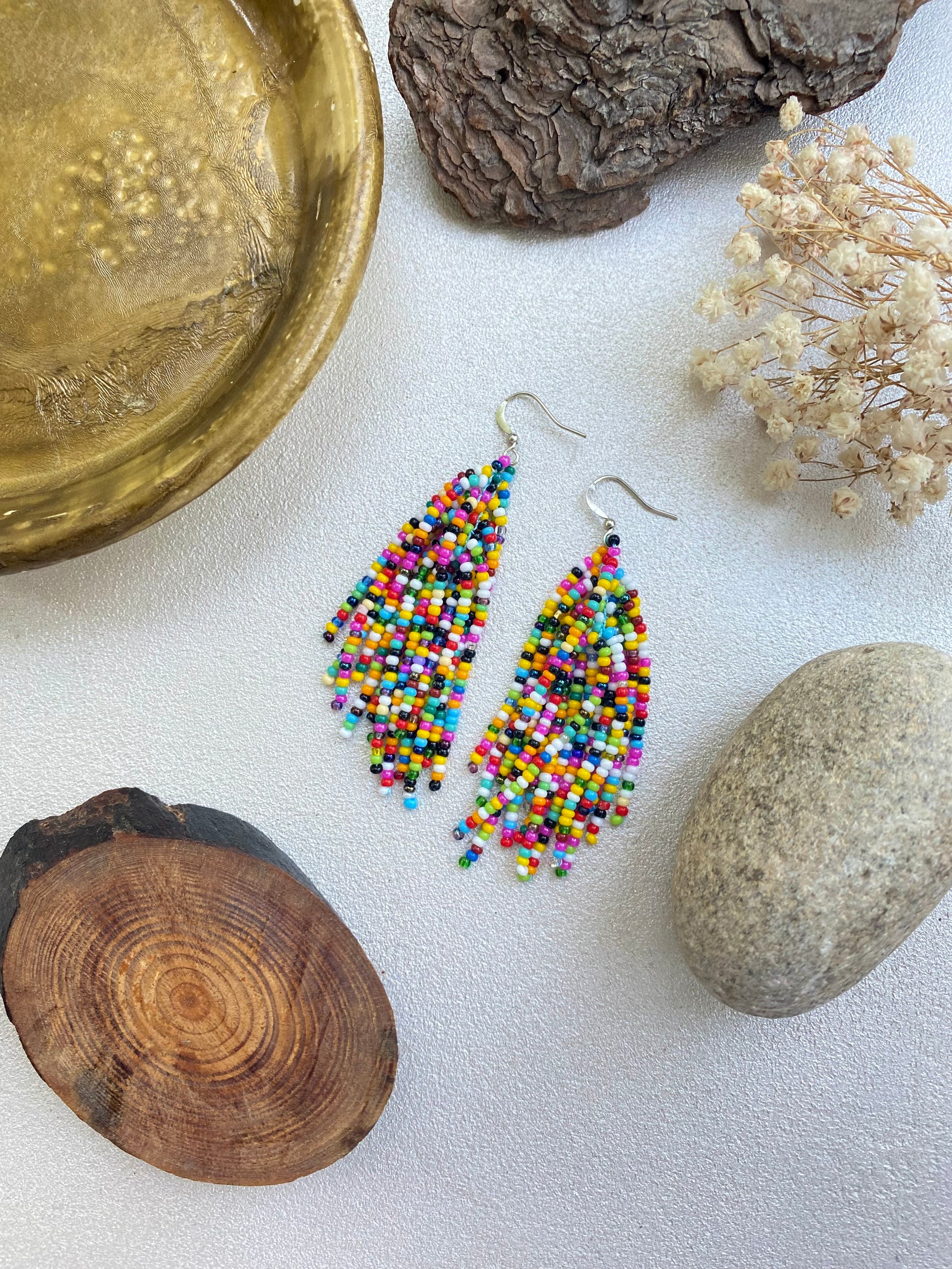 Handmade Confetti seed beaded Tassel Earrings for Women in boho hippie style. This long dangle colorful tassle earring are cool and bright. The length of the earrings is 3 inches.
