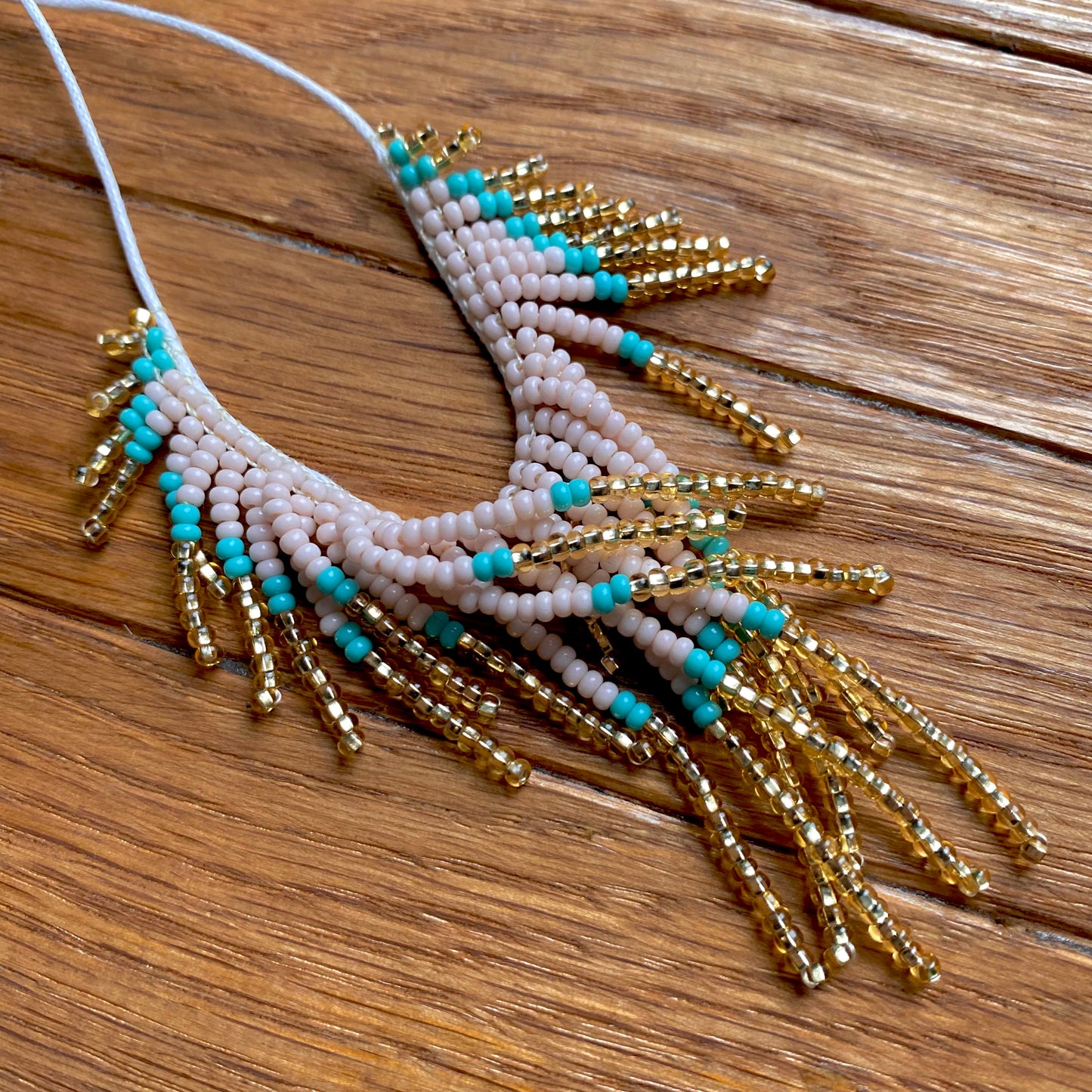 Handmade Ivory Turquoise and Gold beaded fringe choker necklace