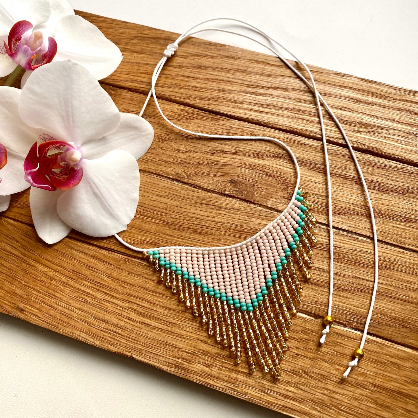 Handmade Ivory Turquoise and Gold beaded fringe choker necklace
