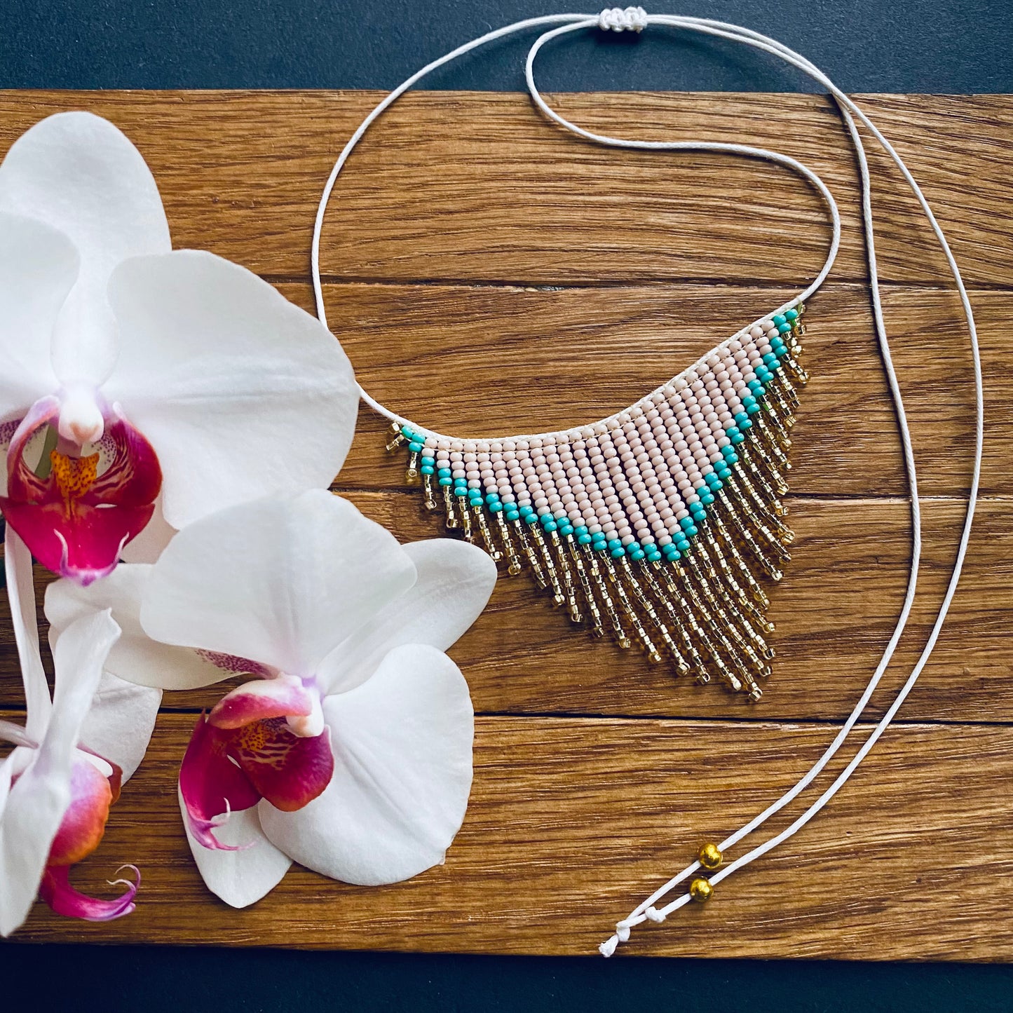 Handmade Ivory Turquoise and Gold beaded fringe choker necklace adjustable 
