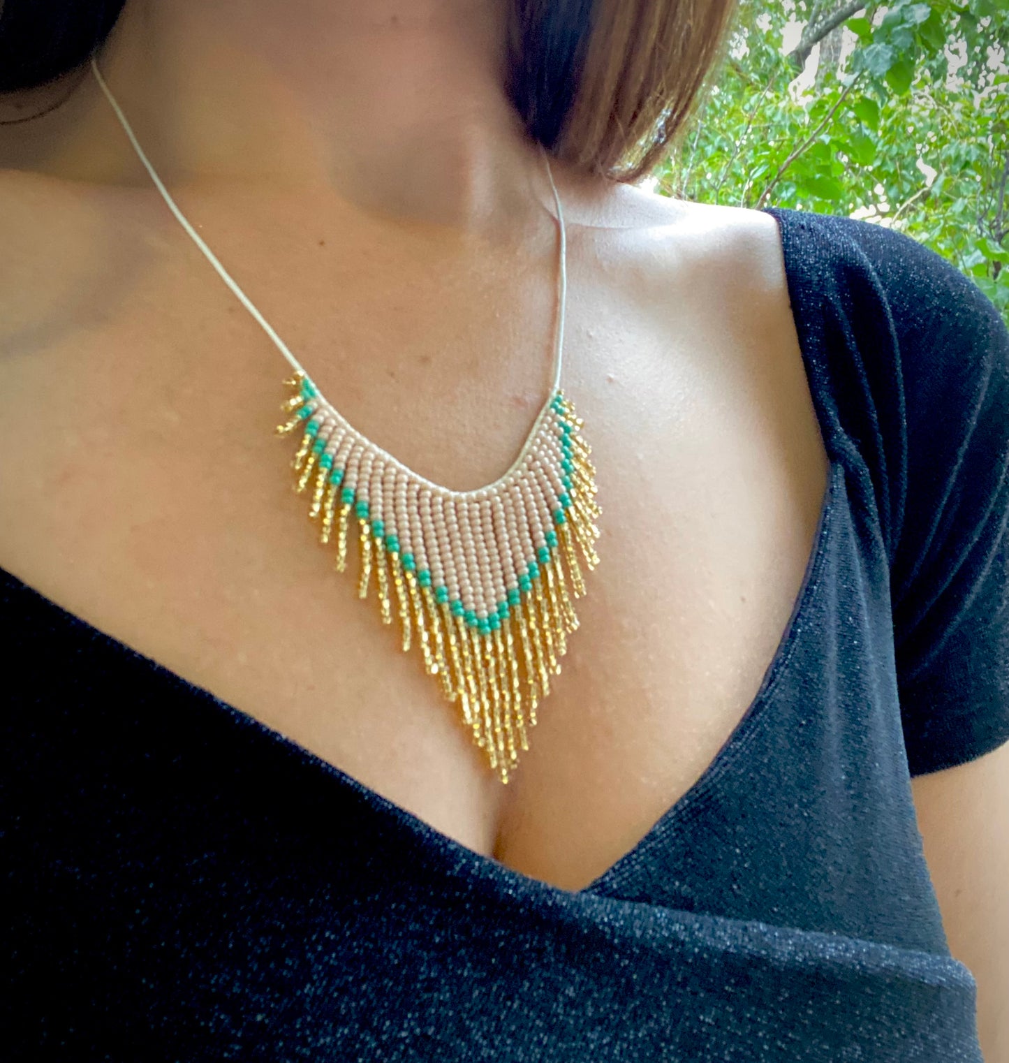 Handmade Ivory Turquoise and Gold beaded fringe choker necklace